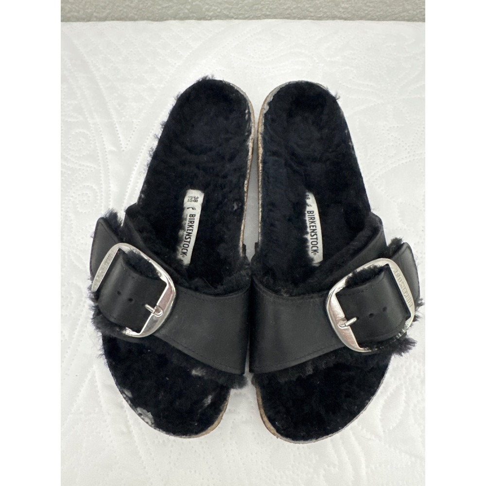 Birkenstock Madrid Single Strap Big Buckle Fur Lined Comfort Sandals Black 38 - Picture 3 of 14